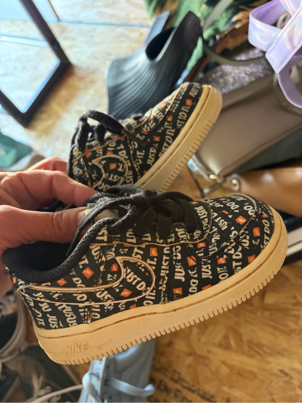 Nike Kids Black and Orange 'Just Do It' Logo Sneakers 8c